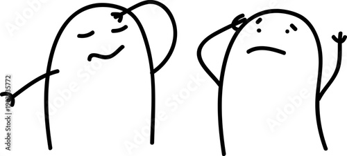 Dramatic minimalist doodle characters looking sick and worried