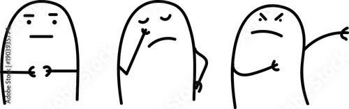 Three minimalist doodle characters thinking, upset and angrily gesturing away