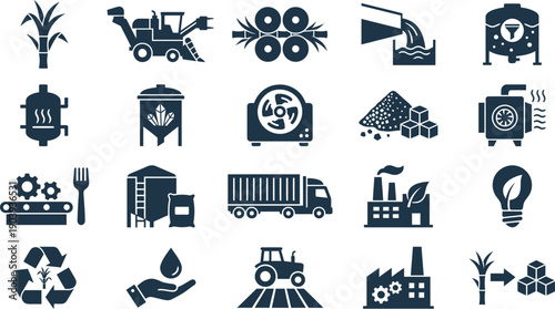Industry icons collection representing manufacturing process stages and machinery in a simple visual format on a clean background
