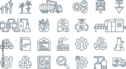 Industrial icons collection illustrating technology and manufacturing processes with various machinery and equipment devices