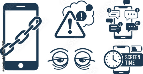 A collection of icons representing technology and digital life, including a mobile phone with a chain, warning sign, communication symbols, eyes, and screen time, in a simple graphic style.