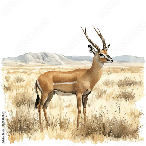 Antelope, watercolor painting capturing graceful lines and soft blended shades, isolated on a white background.