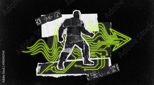Silhouette of a person walking forward with glowing neon circuit board lines and arrow