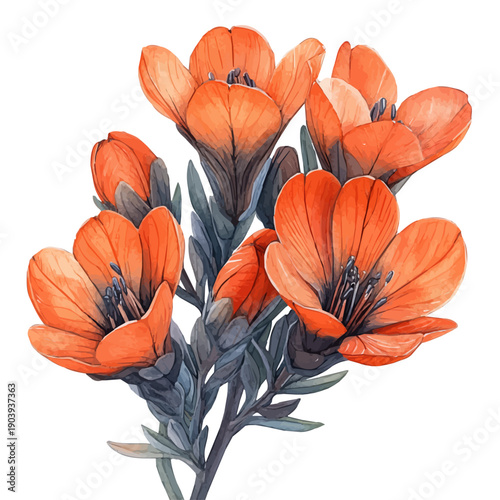 Anigozanthos Branch, watercolor painting capturing graceful lines and soft blended shades, isolated on a white background.