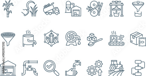 Collection of industrial icons representing machinery and processes in a modern manufacturing setting illustrated in a simple line style