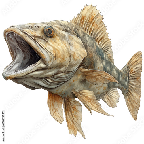 Anglerfish, watercolor vector portraying a joyful pose with colorful highlights, isolated on a white background.