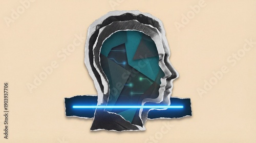 Abstract digital head profile with geometric shapes and glowing blue light