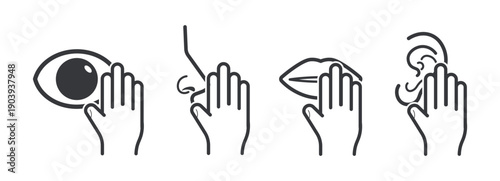 Isolated outline illustration bundle showing hands touching mouth eyes nose ears warning against disease spread from face touching hygiene concept