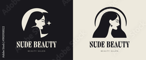 Set of logos for beauty salon. Luxury logos for nude beauty branding. Silhouette of girl with long hair. Design for corporate identity of cosmetology studio. Flat vector illustration collection