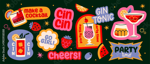Set of cocktails stickers. Retro doodle labels with alcoholic drinks, iced refreshments and juice for party. Y2k groovy design elements. Flat vector illustration collection isolated on background