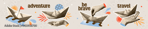 Trendy halftone collage. Set of paper boats with dotted effect texture floating on waves. Ready for adventure and challenges. Vector illustration collection isolated on background