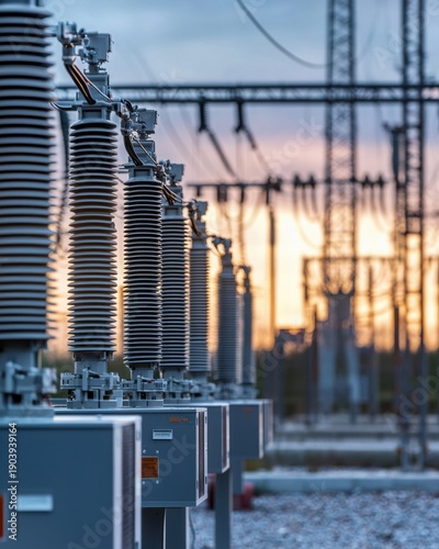 Power Station Equipment at Sunset with Beautiful Sky Colors