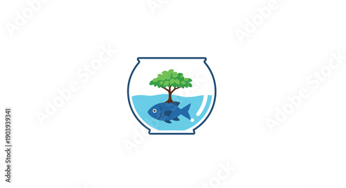 A fish swimming around a tree in a small fishbowl, representing an unusual ecosystem, environmentalism, or confinement.