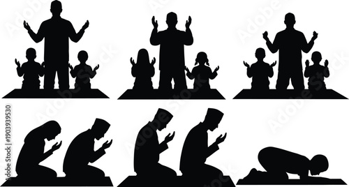 Muslim Prayer Silhouettes Family and Individual Worship Poses