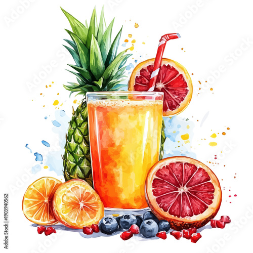 Tropical Fruit Juice, watercolor painting with colorful accents, isolated on a white background.