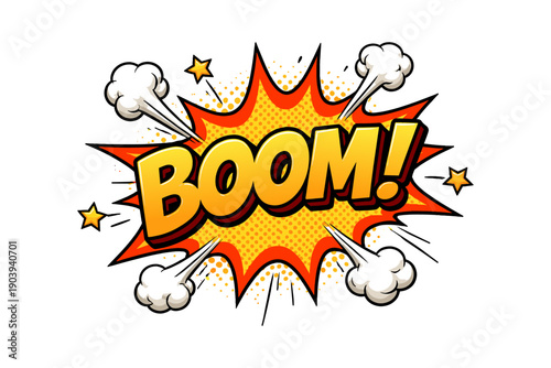 Comic book explosion sound effect boom with cartoon cloud bursts