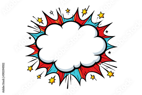 Comic style speech bubble with colorful stars and pop art explosion