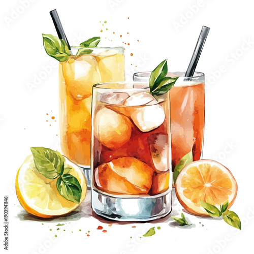 Fotografija Tea Drinks, watercolor illustration featuring soft shadows and luminous, isolated on a white background
