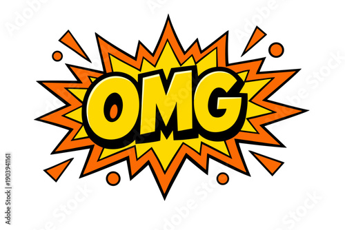Colorful comic style omg text with orange explosion design