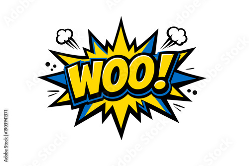 Comic style woo text with explosive effect and clouds