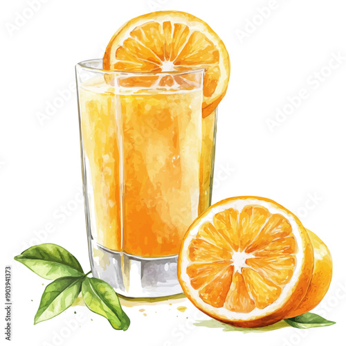 Tangerine Juice, watercolor illustration featuring soft shadows and luminous, isolated on a white background.
