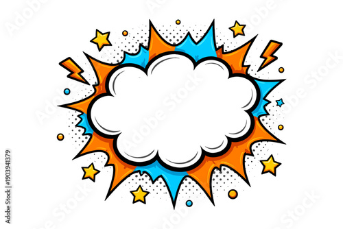 Colorful comic style cloud burst with stars and lightning on white background
