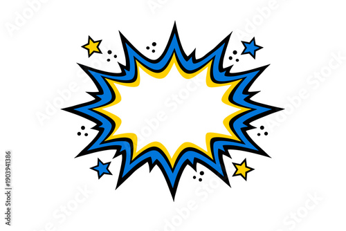 Comic-style starburst explosion with yellow and blue stars
