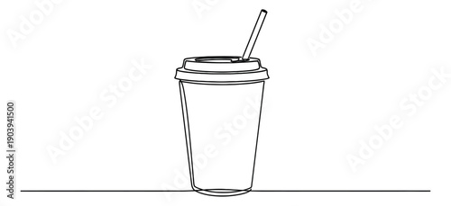 Continuous line art illustration of a takeaway coffee cup depicting a lid and a straw for cafe branding