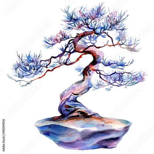 watercolor of Tamarisk Bonsai painting, isolated on a white background.