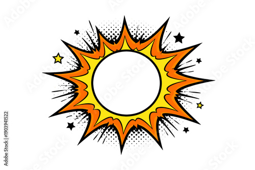 Comic style explosive burst with stars and orange flames