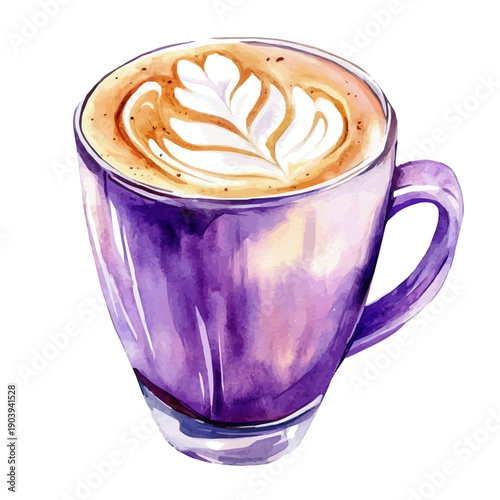 Taro Latte, watercolor clipart showing delicate textures and whimsical forms, isolated on a white background.