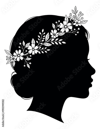 Elegant illustration of a woman's silhouette depicting a floral wreath in her hair for wedding invitations