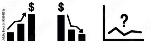 Simple line business graph icons set featuring upward, downward, and uncertain trends for financial analysis and business reports