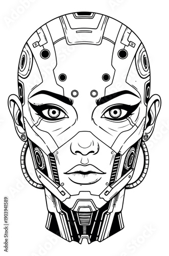Line art illustration of a female cyborg head depicting advanced technology for science fiction themes