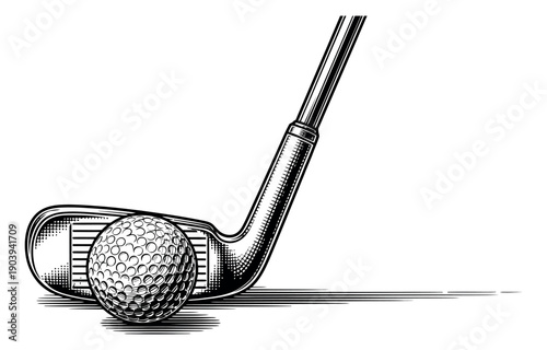 Hand drawn line art illustration of a golf club and ball depicting a swing for sports design