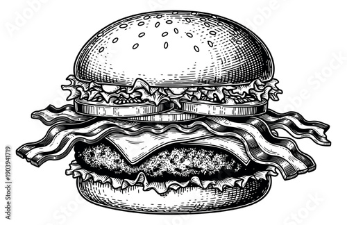 Line art illustration of a burger depicting a stacked cheeseburger with bacon for fast food restaurant menus