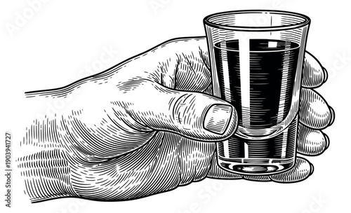 Vintage hand drawn line art illustration of a hand depicting holding a shot glass for alcoholic beverage concepts