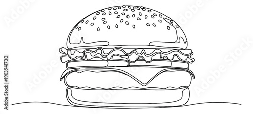 Continuous line art illustration of a hamburger depicting fast food for restaurant menus