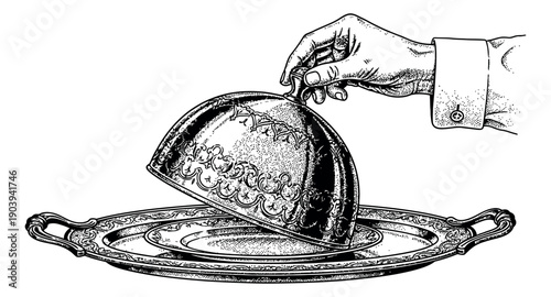 Hand drawn illustration of a hand lifting a cloche on a serving tray depicting luxury service for fine dining