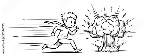 Line art illustration of a man depicting fleeing an explosion for speed and danger concepts