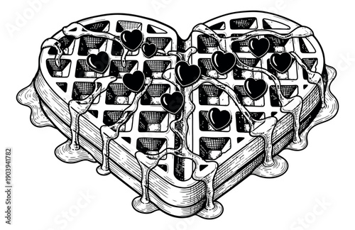 Hand drawn line art illustration of a heart shaped waffle depicting melting syrup and heart candies for Valentine's Day