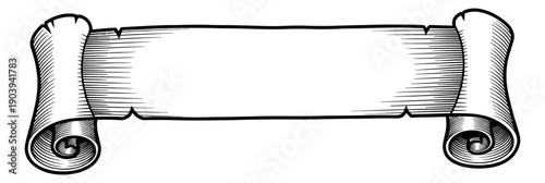 Hand drawn line art illustration of a blank scroll banner depicting a vintage parchment for text