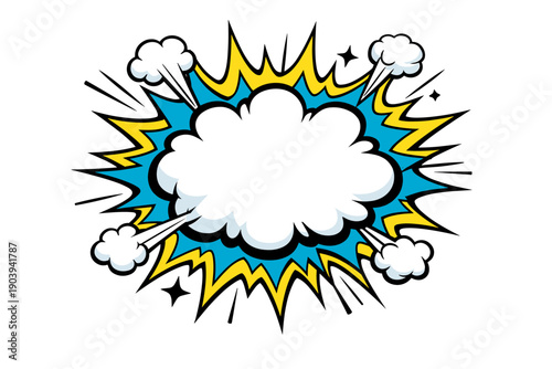 Colorful comic style explosion with clouds and stars