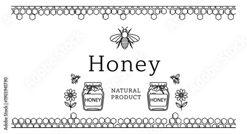 Hand drawn line art honey set featuring bees, jars, flowers, and honeycomb elements for natural product branding