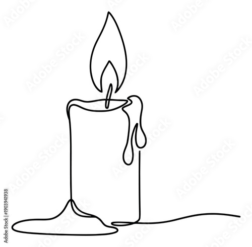 Continuous line art illustration of a candle depicting a burning flame and melting wax for warmth and ambiance