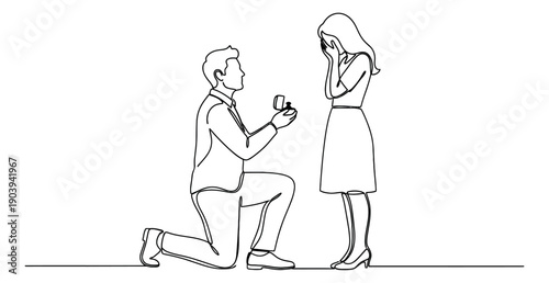 Line art illustration of a man proposing to a woman depicting an emotional marriage proposal for romance
