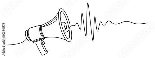 Continuous line art illustration of a megaphone depicting an emitted sound wave for communication and promotion