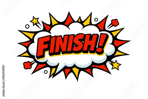 Comic style finish text with explosive pop art elements