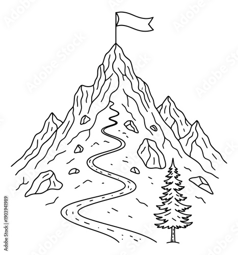Hand drawn line art illustration of a mountain depicting a flag at the summit and a winding path for challenge and success