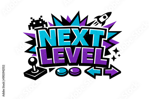 Next level retro gaming logo with controller and space elements